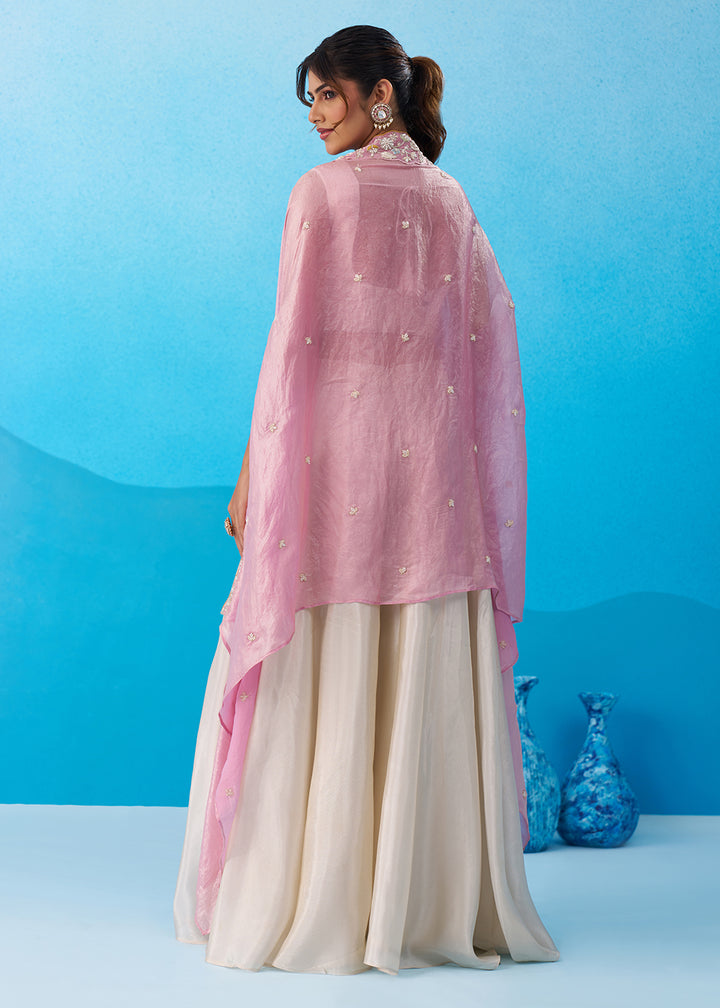 Buy Now Cream & Pink Viscose Beads Embroidered Crop Top Palazzo Set Online in US, UK, Canada, Netherlands, Germany, Italy, France, UAE & Worldwide at Empress.
