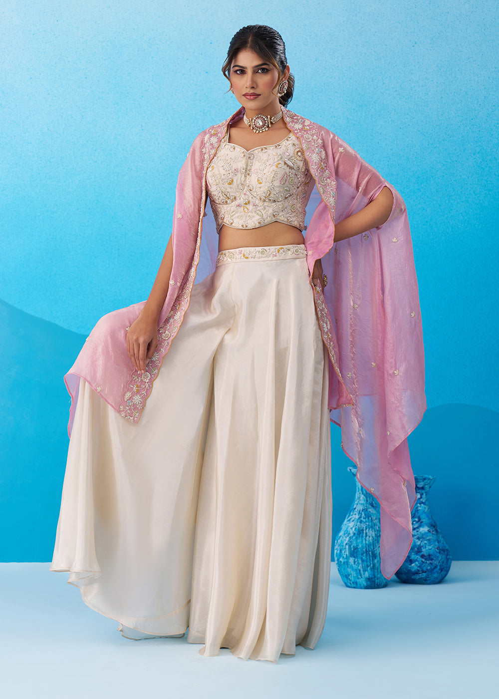 Buy Now Cream & Pink Viscose Beads Embroidered Crop Top Palazzo Set Online in US, UK, Canada, Netherlands, Germany, Italy, France, UAE & Worldwide at Empress.