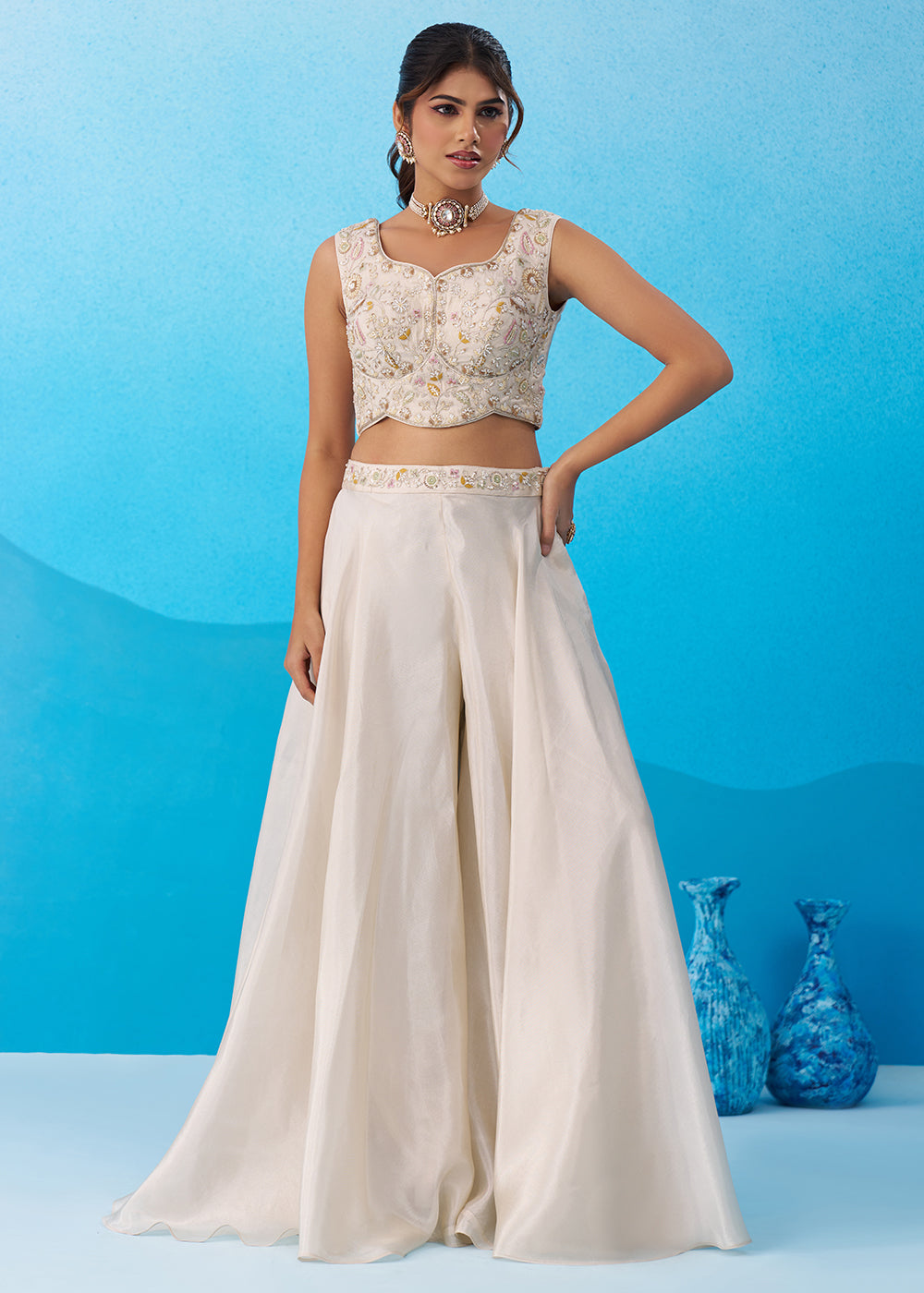 Buy Now Cream & Pink Viscose Beads Embroidered Crop Top Palazzo Set Online in US, UK, Canada, Netherlands, Germany, Italy, France, UAE & Worldwide at Empress.
