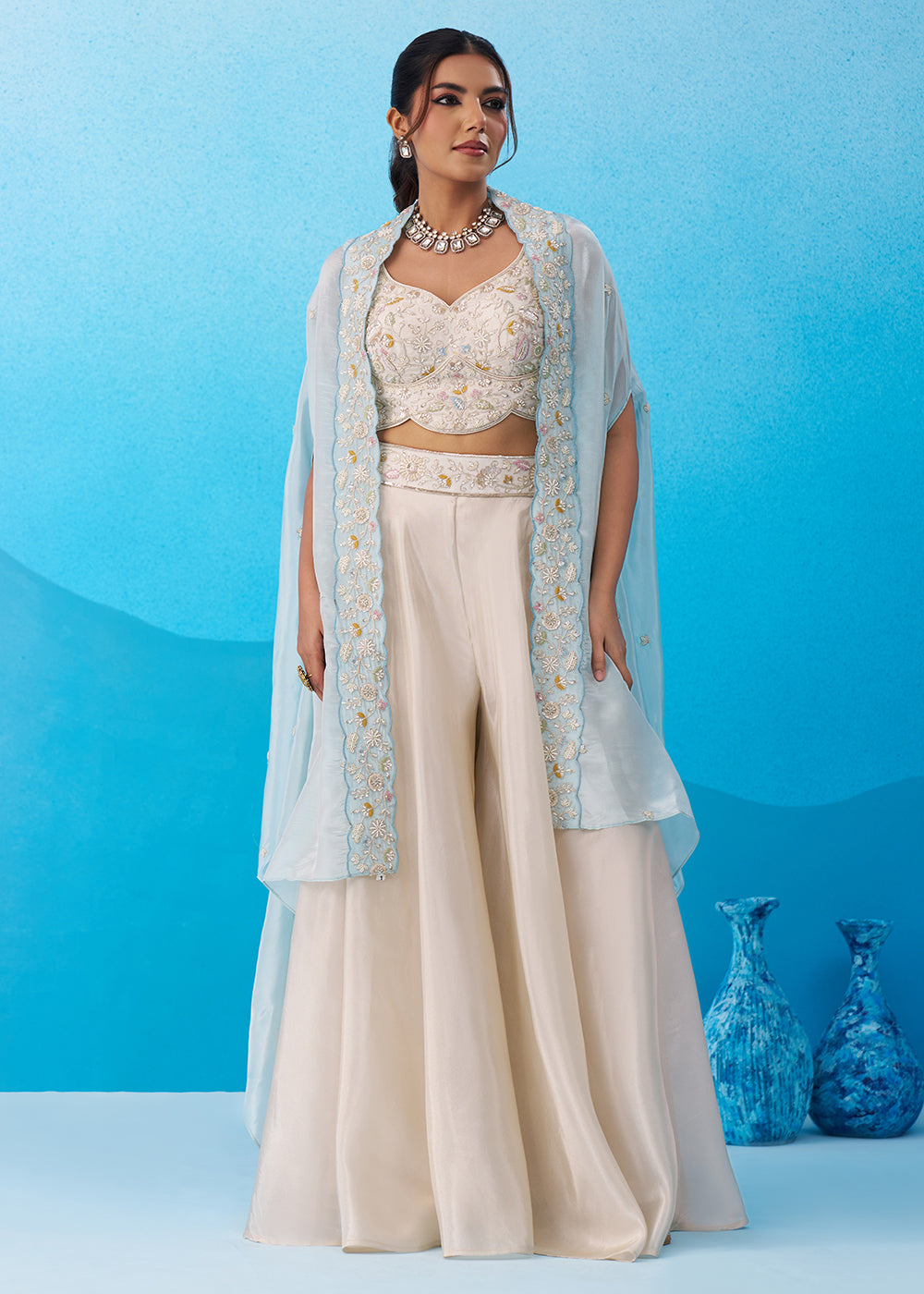 Buy Now Cream & Sky Viscose Beads Embroidered Crop Top Palazzo Set Online in US, UK, Canada, Netherlands, Germany, Italy, France, UAE & Worldwide at Empress.
