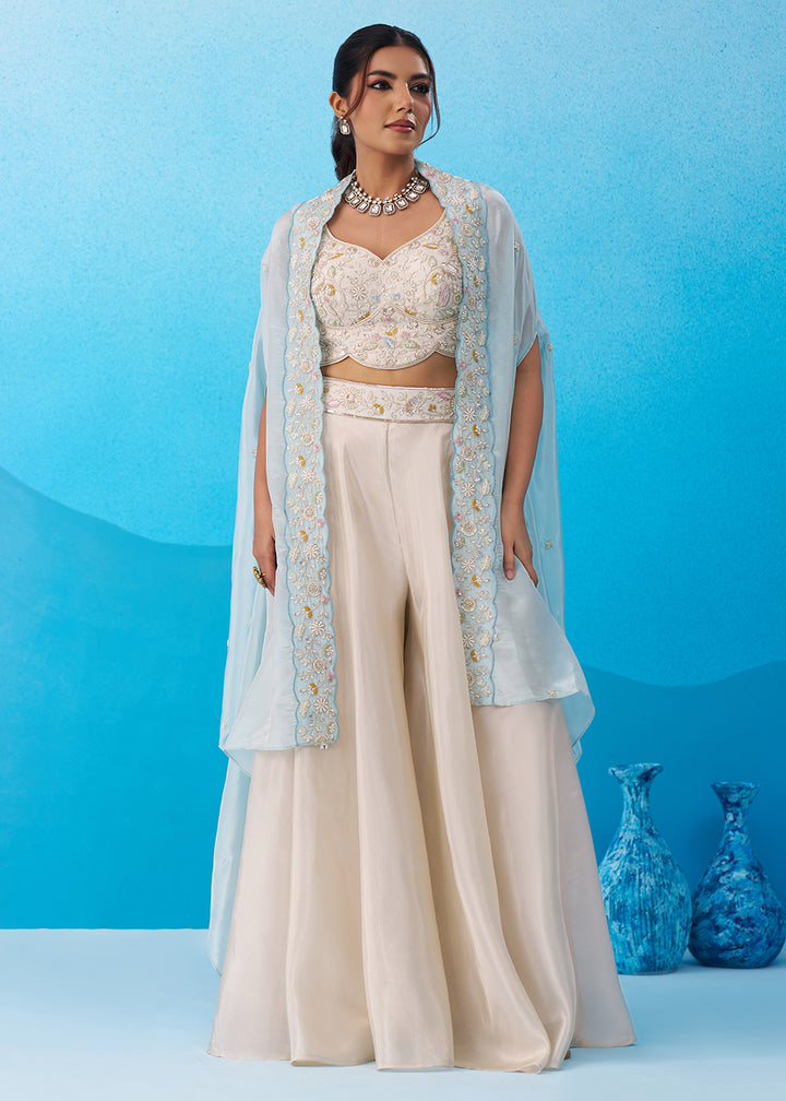 Buy Now Cream & Sky Viscose Beads Embroidered Crop Top Palazzo Set Online in US, UK, Canada, Netherlands, Germany, Italy, France, UAE & Worldwide at Empress.