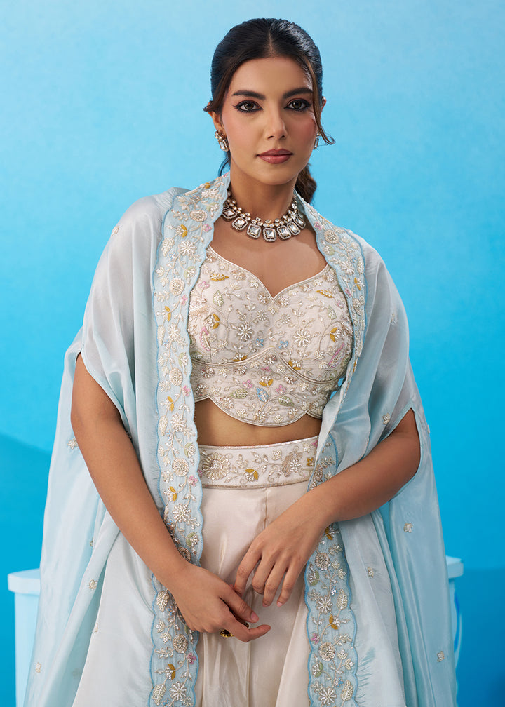 Buy Now Cream & Sky Viscose Beads Embroidered Crop Top Palazzo Set Online in US, UK, Canada, Netherlands, Germany, Italy, France, UAE & Worldwide at Empress.
