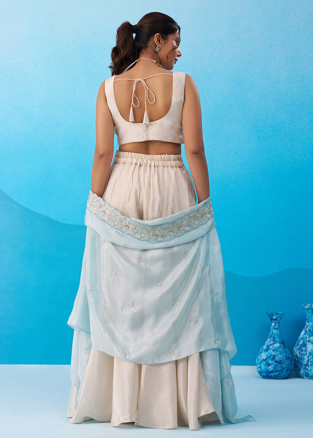 Buy Now Cream & Sky Viscose Beads Embroidered Crop Top Palazzo Set Online in US, UK, Canada, Netherlands, Germany, Italy, France, UAE & Worldwide at Empress.