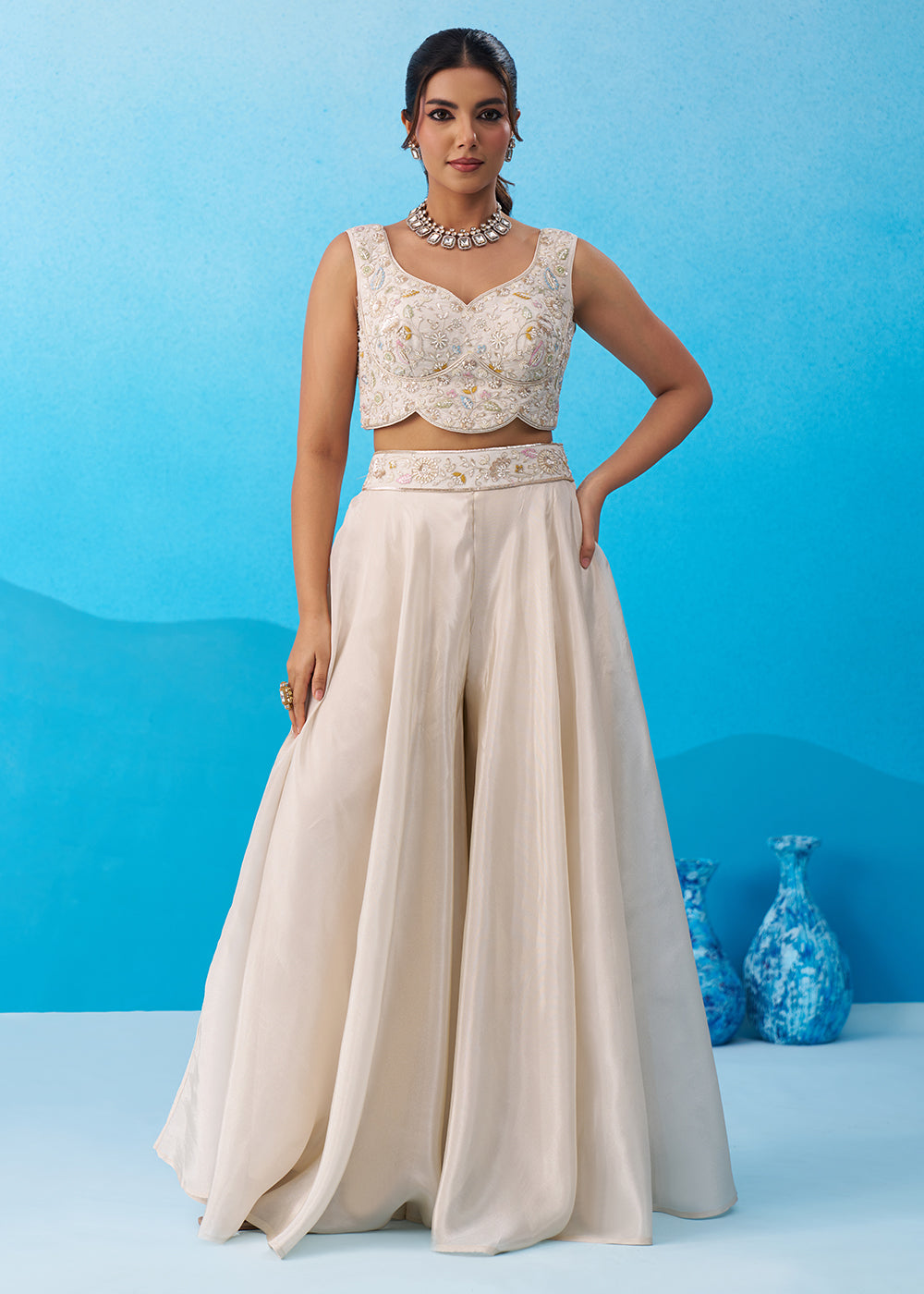 Buy Now Cream & Sky Viscose Beads Embroidered Crop Top Palazzo Set Online in US, UK, Canada, Netherlands, Germany, Italy, France, UAE & Worldwide at Empress.