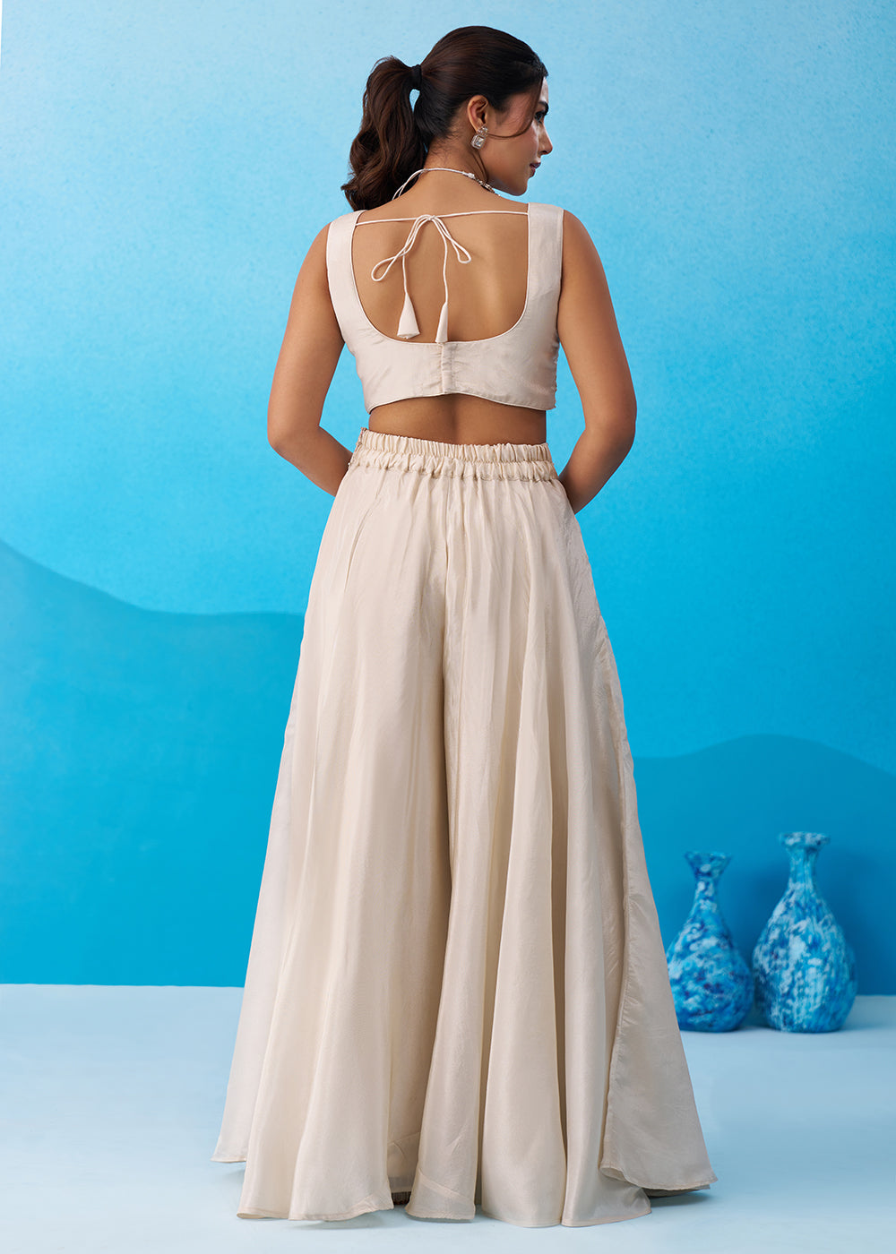 Buy Now Cream & Sky Viscose Beads Embroidered Crop Top Palazzo Set Online in US, UK, Canada, Netherlands, Germany, Italy, France, UAE & Worldwide at Empress.