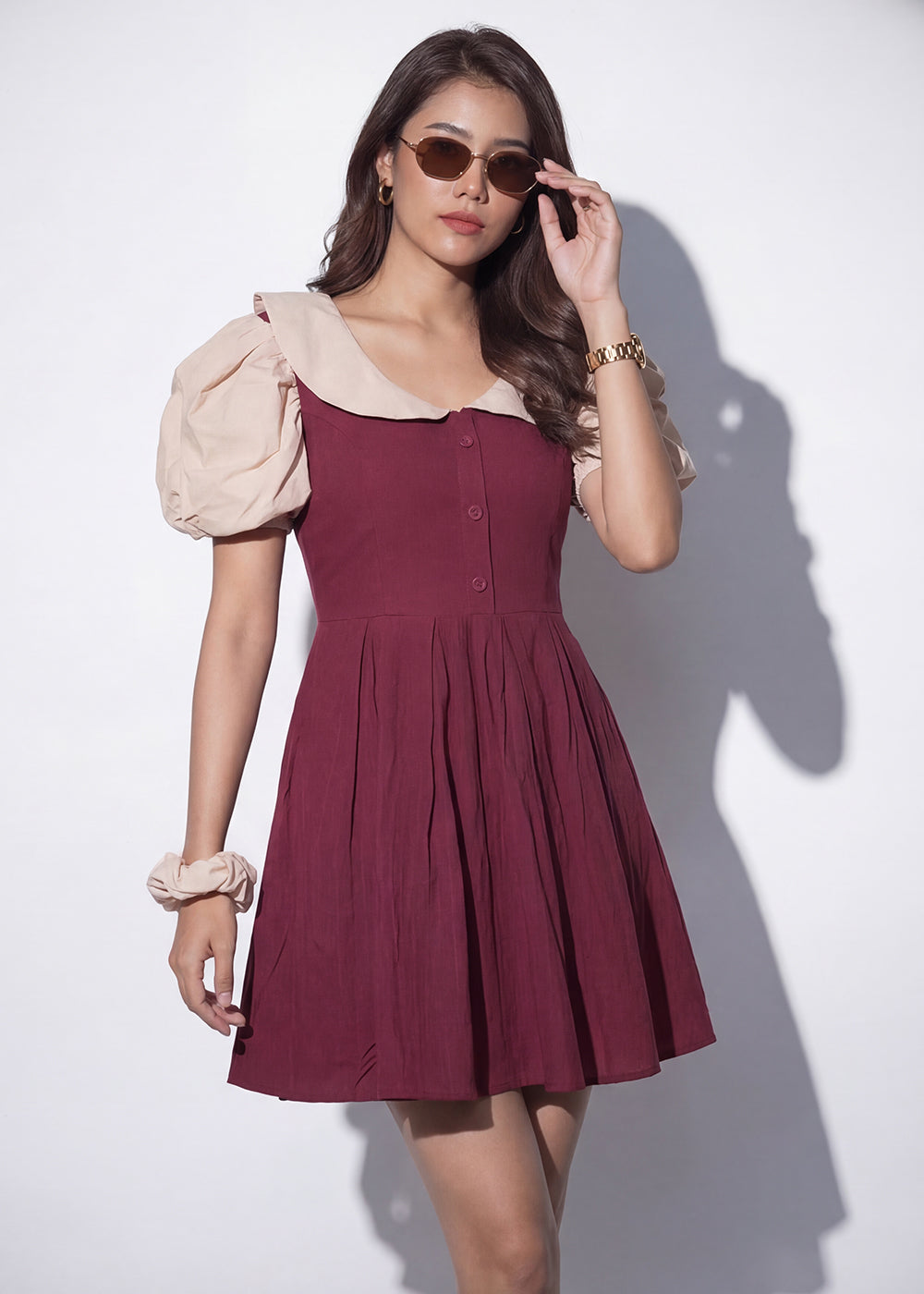 Buy Now Maroon Cotton Ruffeled Sleeves Mini Indo Western Dress Online in US, UK, Canada, Netherlands, Germany, Italy, France, Sweden & Worldwide at Empress.