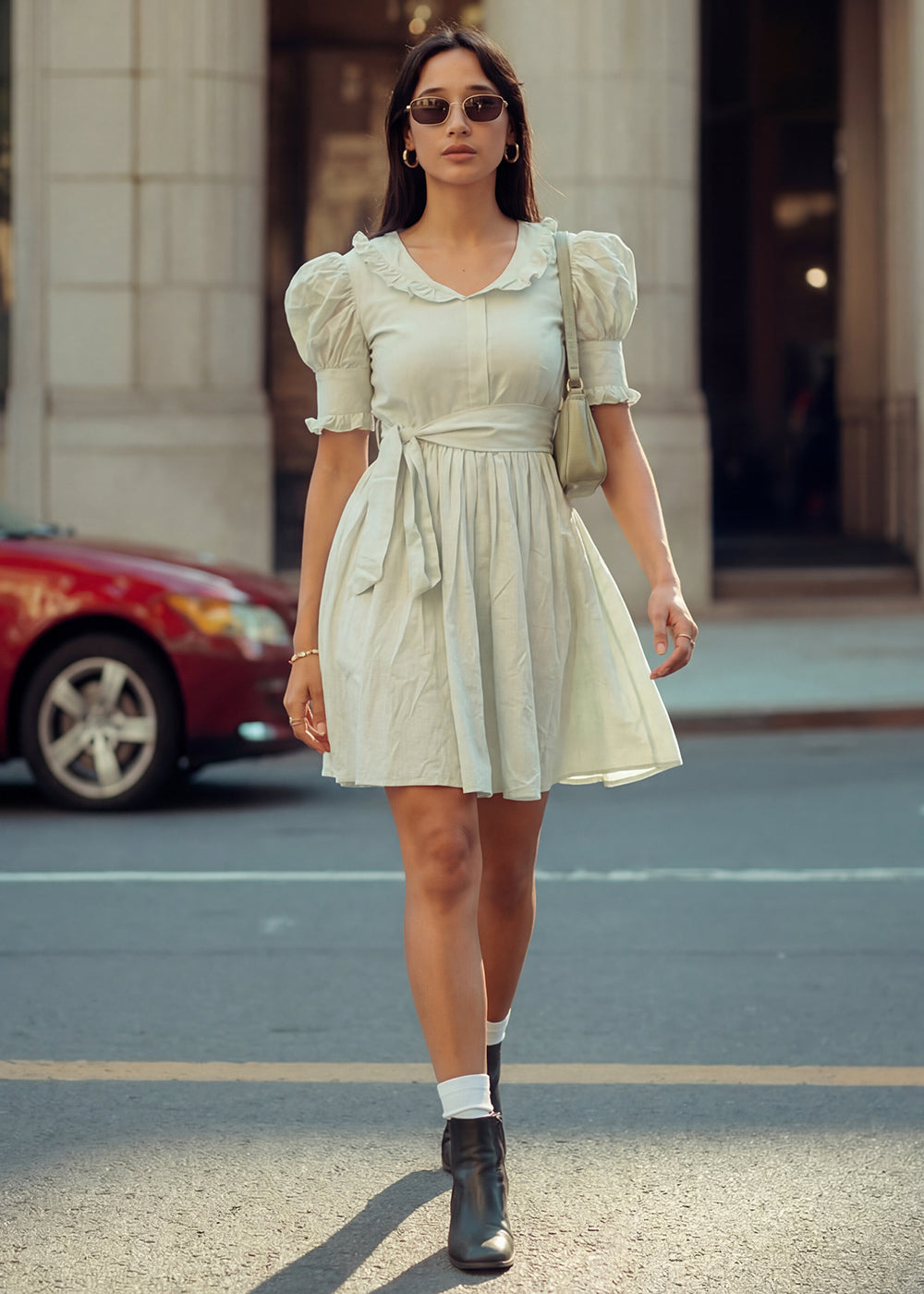 Buy Now Green Cotton Ruffeled Sleeves Mini Indo Western Dress Online in US, UK, Canada, Netherlands, Germany, Italy, France, Sweden & Worldwide at Empress.