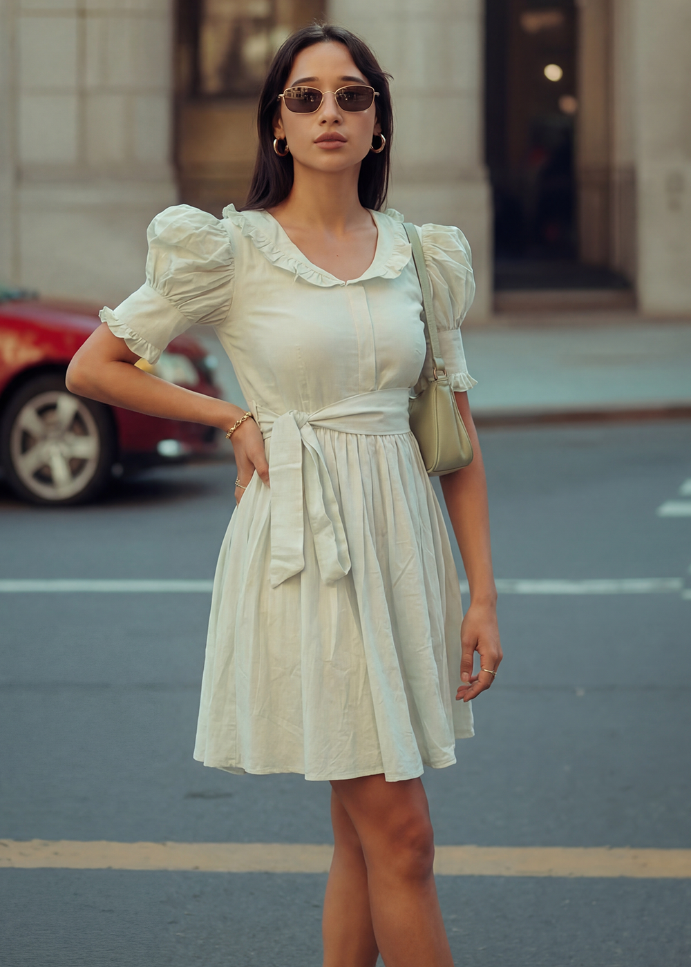 Buy Now Green Cotton Ruffeled Sleeves Mini Indo Western Dress Online in US, UK, Canada, Netherlands, Germany, Italy, France, Sweden & Worldwide at Empress.