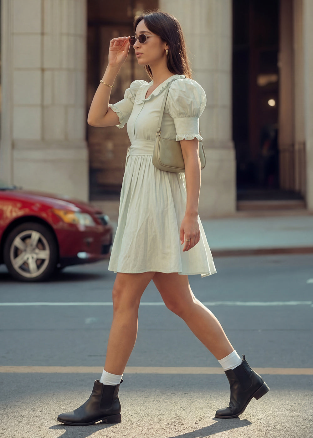 Buy Now Green Cotton Ruffeled Sleeves Mini Indo Western Dress Online in US, UK, Canada, Netherlands, Germany, Italy, France, Sweden & Worldwide at Empress.