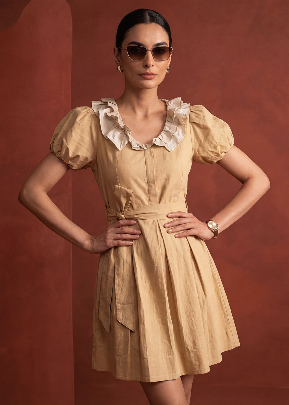 Buy Now Mustard Linen Ruffeled Sleeves Mini Indo Western Dress Online in US, UK, Canada, Netherlands, Germany, Italy, France, Sweden, UAE & Worldwide at Empress.