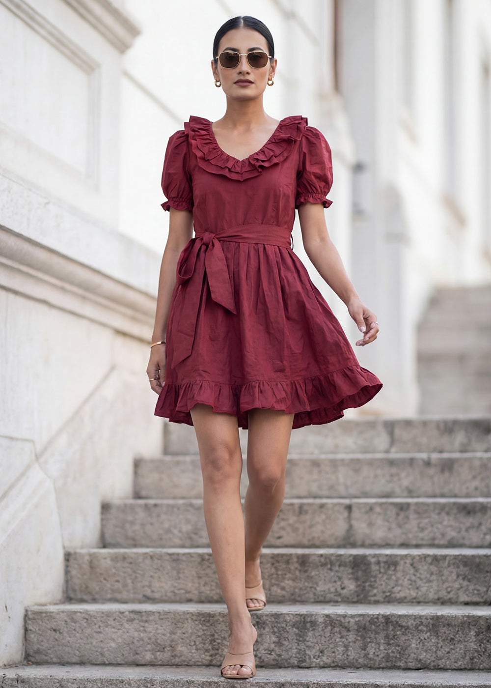 Buy Now Dark Maroon Cotton Ruffeled Sleeves Mini Indo Western Dress Online in US, UK, Canada, Netherlands, Germany, Italy, France, Sweden & Worldwide at Empress