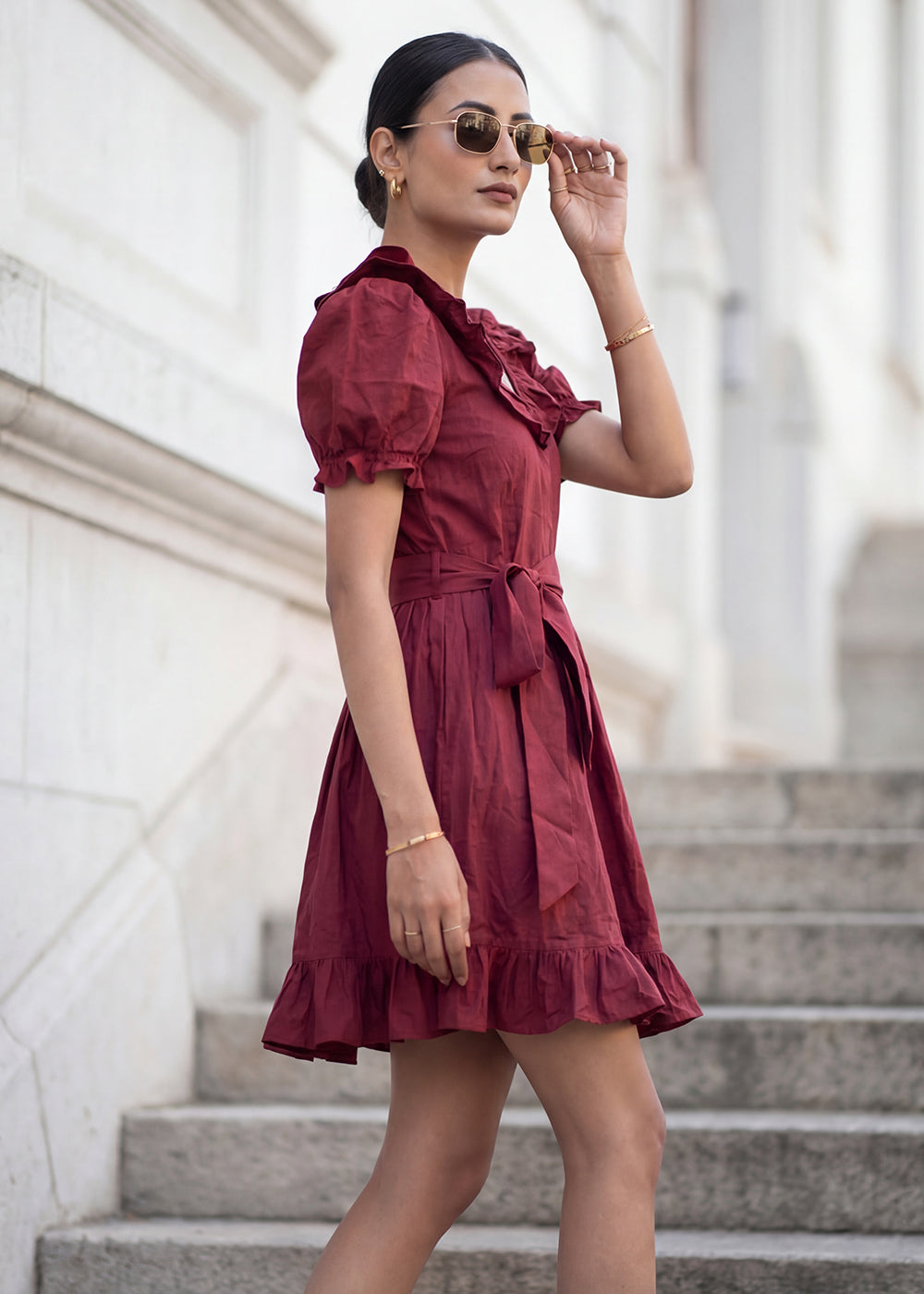 Buy Now Dark Maroon Cotton Ruffeled Sleeves Mini Indo Western Dress Online in US, UK, Canada, Netherlands, Germany, Italy, France, Sweden & Worldwide at Empress
