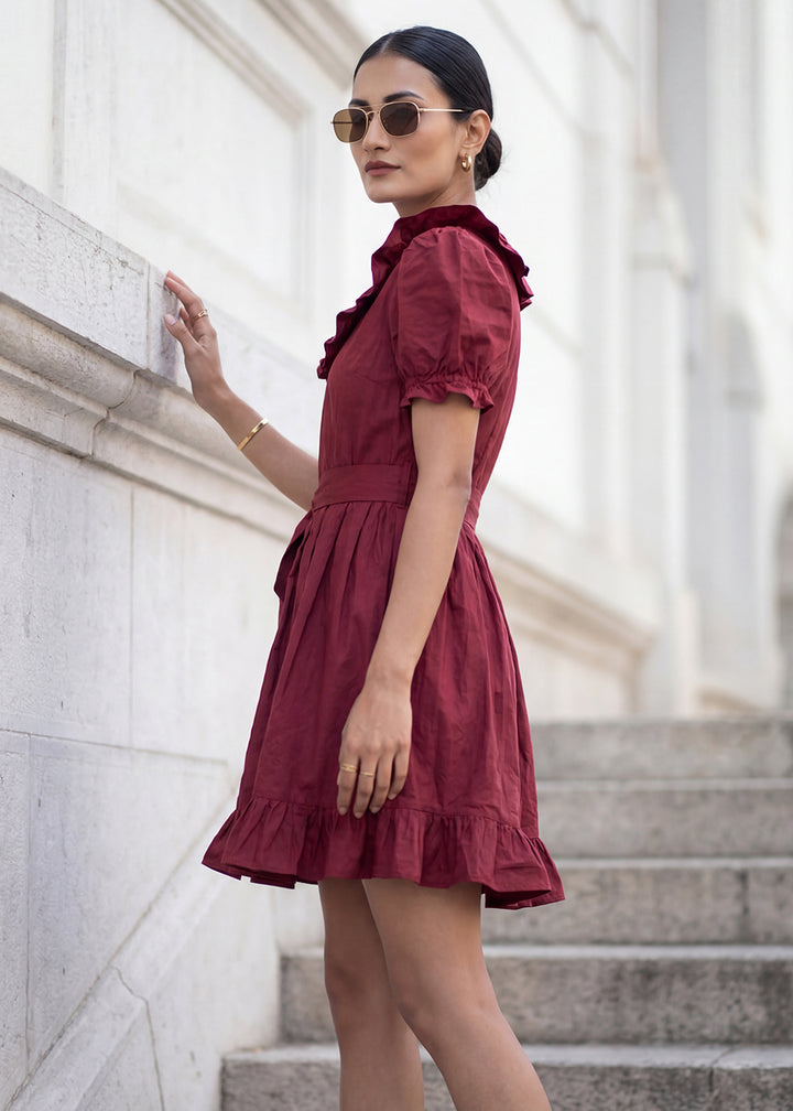 Buy Now Dark Maroon Cotton Ruffeled Sleeves Mini Indo Western Dress Online in US, UK, Canada, Netherlands, Germany, Italy, France, Sweden & Worldwide at Empress