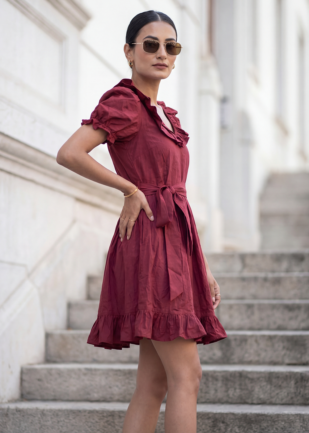 Buy Now Dark Maroon Cotton Ruffeled Sleeves Mini Indo Western Dress Online in US, UK, Canada, Netherlands, Germany, Italy, France, Sweden & Worldwide at Empress