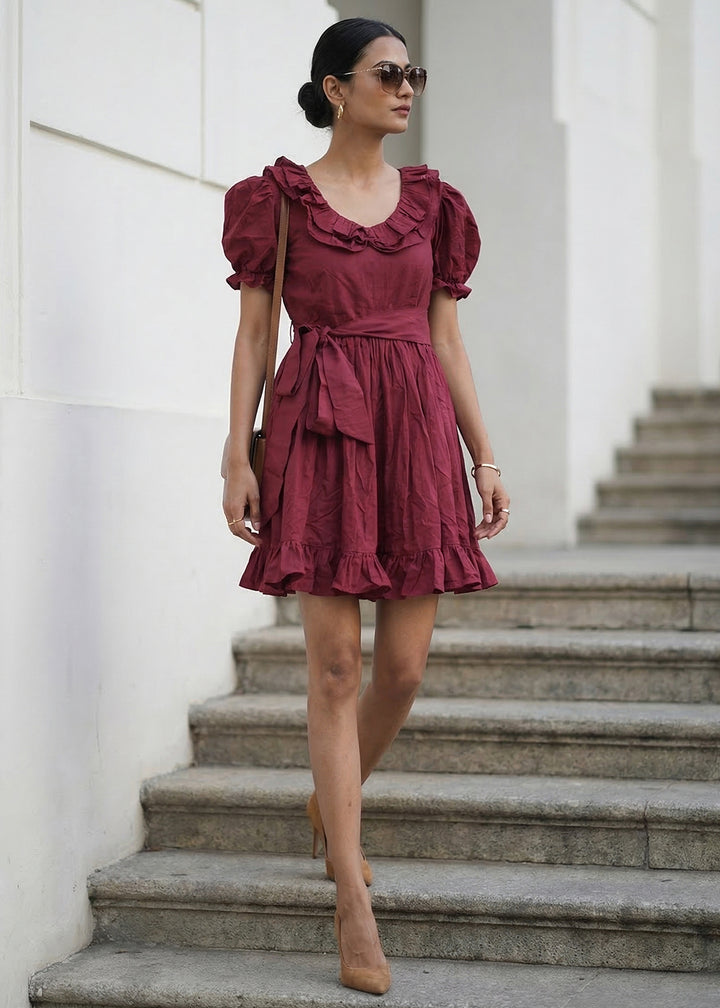 Buy Now Dark Maroon Cotton Ruffeled Sleeves Mini Indo Western Dress Online in US, UK, Canada, Netherlands, Germany, Italy, France, Sweden & Worldwide at Empress