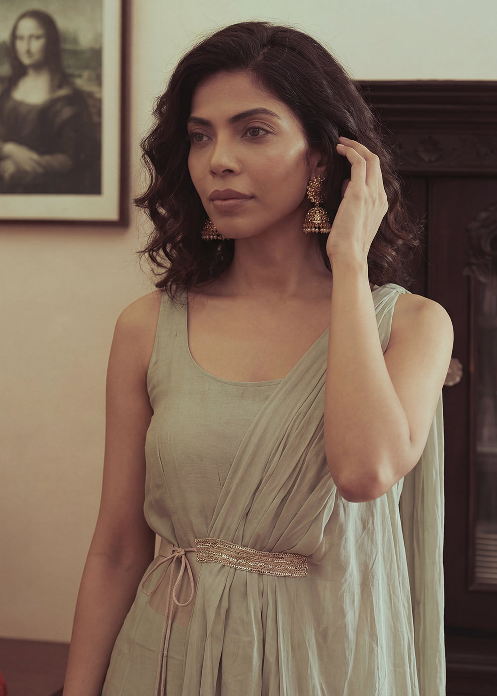 Buy Now Sea Green Silk Kurta with Pant & One Side Shrug Set Online in US, UK, Canada, Netherlands, Germany, Italy, France, Sweden, UAE & Worldwide at Empress.