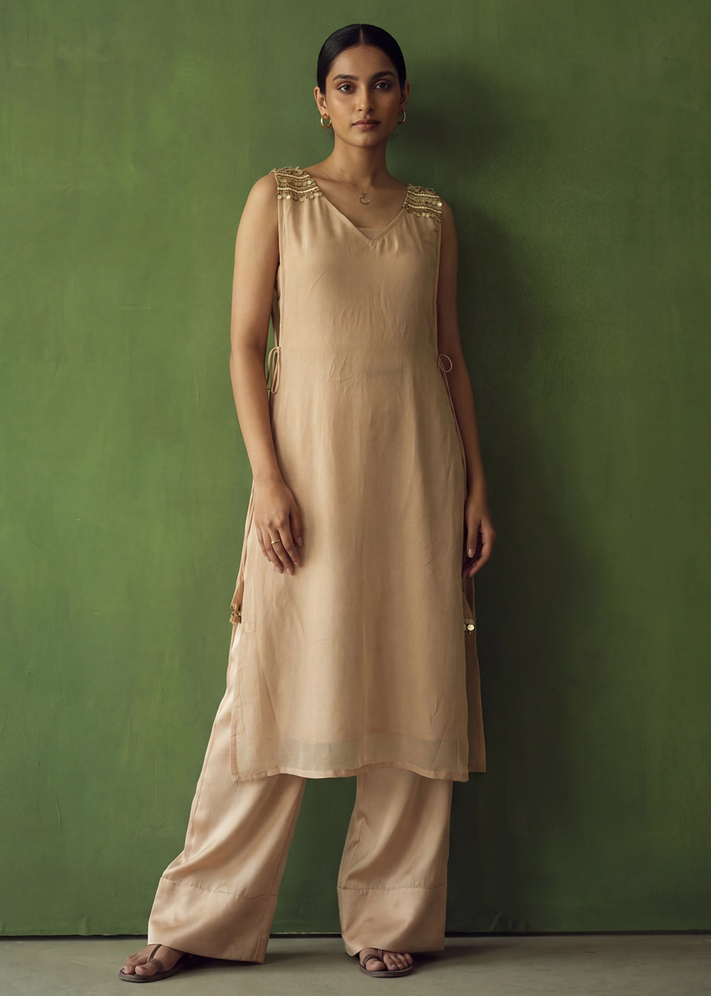 Buy Now Beige Golden Silk Crop Top with Farshi Pant & Shrug Dress Online in US, UK, Canada, Netherlands, Germany, Italy, France, Sweden & Worldwide at Empress.