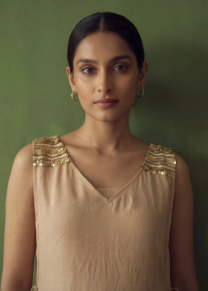 Buy Now Beige Golden Silk Crop Top with Farshi Pant & Shrug Dress Online in US, UK, Canada, Netherlands, Germany, Italy, France, Sweden & Worldwide at Empress.