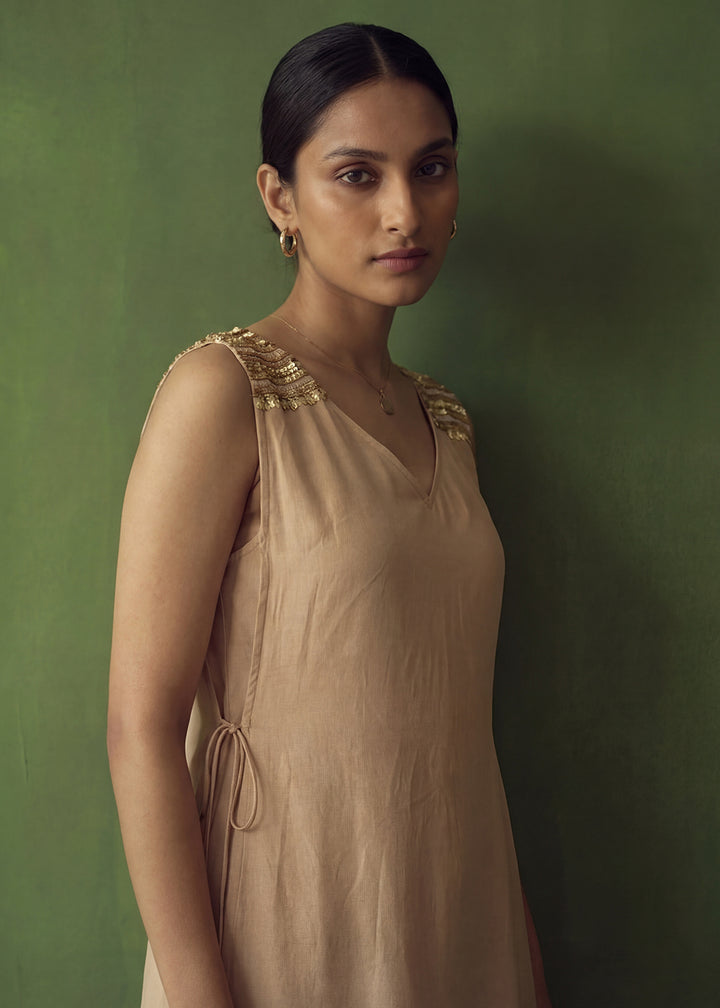 Buy Now Beige Golden Silk Crop Top with Farshi Pant & Shrug Dress Online in US, UK, Canada, Netherlands, Germany, Italy, France, Sweden & Worldwide at Empress.