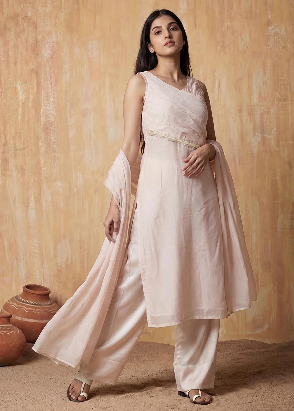 Buy Now Pastel Pink Silk Designer Indo Western Style Dress Online in US, UK, Canada, Netherlands, Germany, Italy, France, Sweden, UAE & Worldwide at Empress.