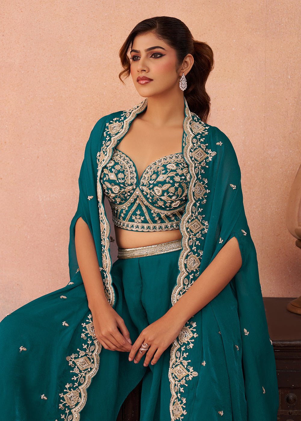Buy Now Teal Organza Indo Western Crop Top with Flared Cape Online in US, UK, Canada, Netherlands, Germany, Italy, France, Spain, UAE & Worldwide at Empress.