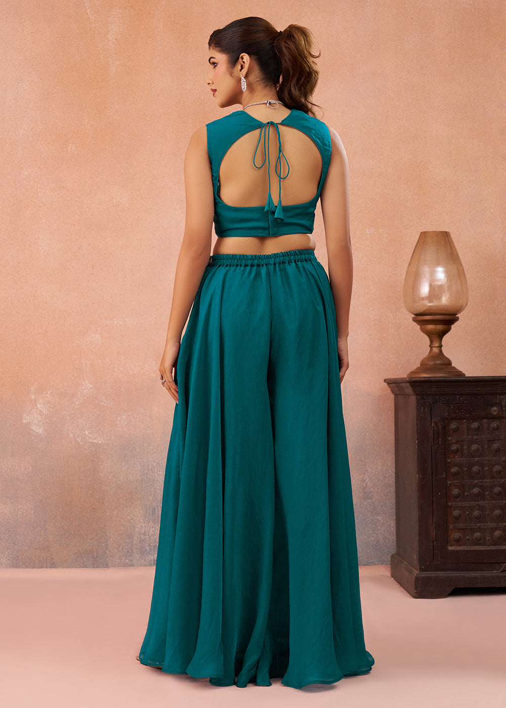 Buy Now Teal Organza Indo Western Crop Top with Flared Cape Online in US, UK, Canada, Netherlands, Germany, Italy, France, Spain, UAE & Worldwide at Empress.