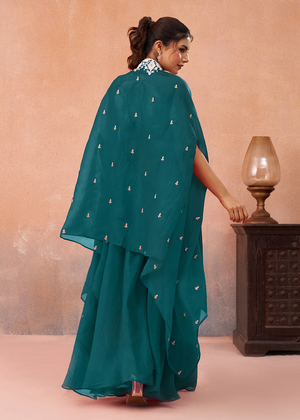 Buy Now Teal Organza Indo Western Crop Top with Flared Cape Online in US, UK, Canada, Netherlands, Germany, Italy, France, Spain, UAE & Worldwide at Empress.