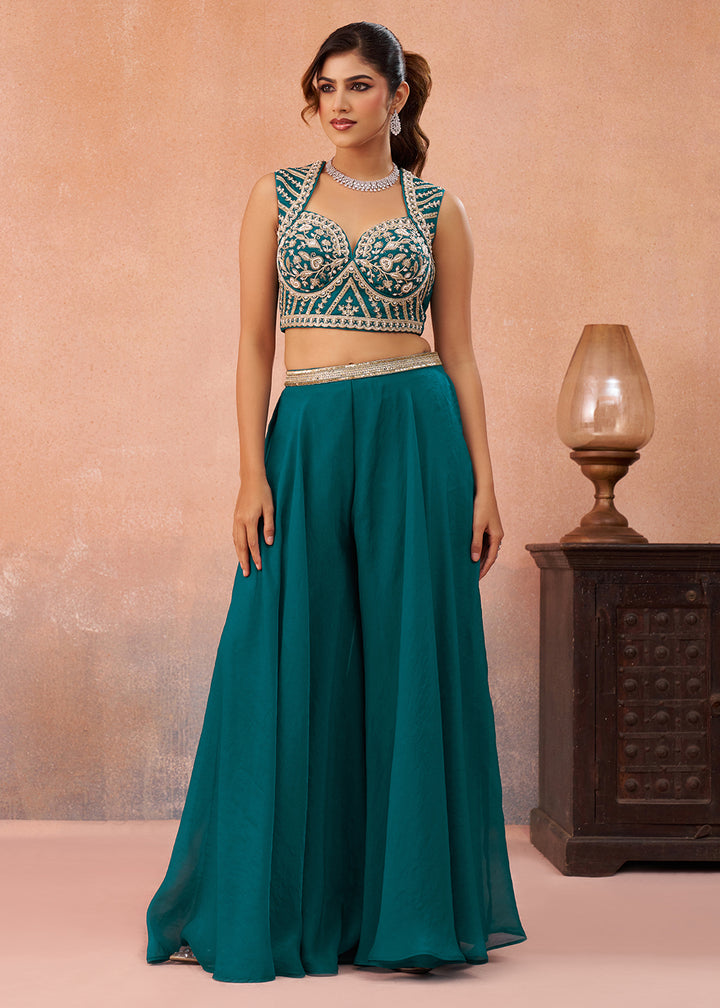 Buy Now Teal Organza Indo Western Crop Top with Flared Cape Online in US, UK, Canada, Netherlands, Germany, Italy, France, Spain, UAE & Worldwide at Empress.