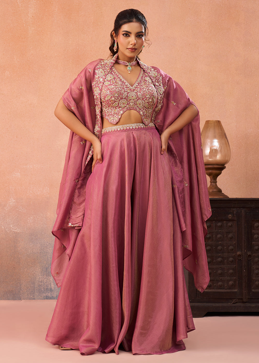 Buy Now Indo Western Pink Crepe Embroidered Set with Flared Cape Online in US, UK, Canada, Netherlands, Germany, Italy, France, Spain & Worldwide at Empress.