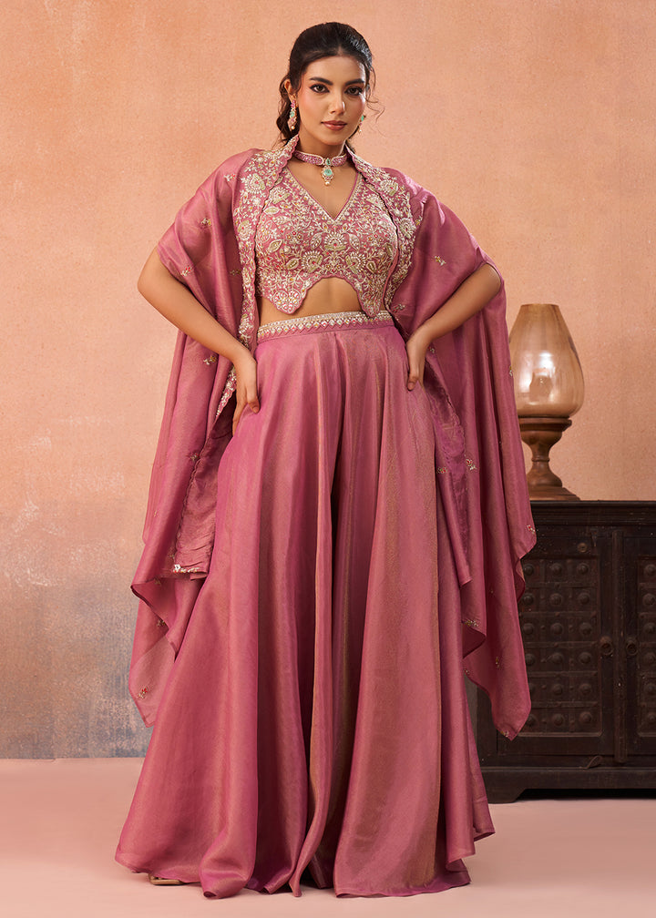 Buy Now Indo Western Pink Crepe Embroidered Set with Flared Cape Online in US, UK, Canada, Netherlands, Germany, Italy, France, Spain & Worldwide at Empress.