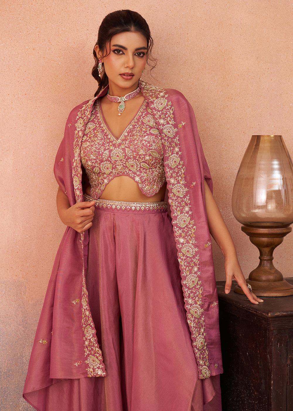 Buy Now Indo Western Pink Crepe Embroidered Set with Flared Cape Online in US, UK, Canada, Netherlands, Germany, Italy, France, Spain & Worldwide at Empress.