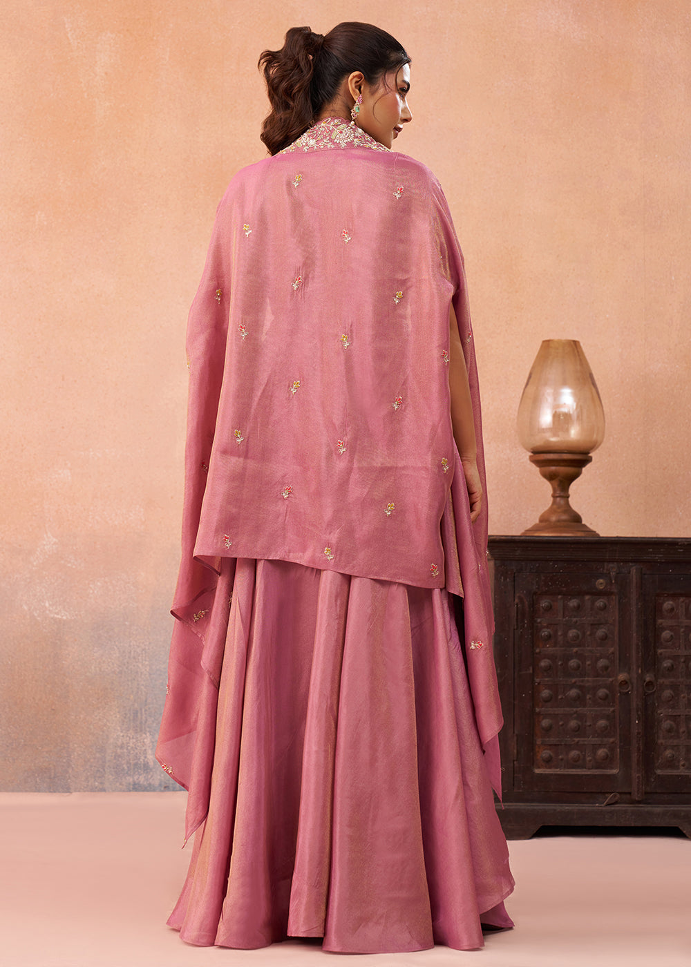 Buy Now Indo Western Pink Crepe Embroidered Set with Flared Cape Online in US, UK, Canada, Netherlands, Germany, Italy, France, Spain & Worldwide at Empress.