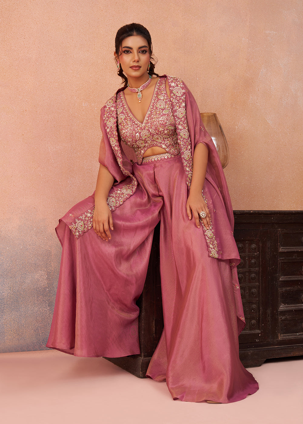 Buy Now Indo Western Pink Crepe Embroidered Set with Flared Cape Online in US, UK, Canada, Netherlands, Germany, Italy, France, Spain & Worldwide at Empress.