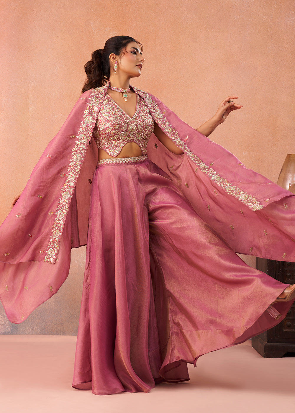 Buy Now Indo Western Pink Crepe Embroidered Set with Flared Cape Online in US, UK, Canada, Netherlands, Germany, Italy, France, Spain & Worldwide at Empress.