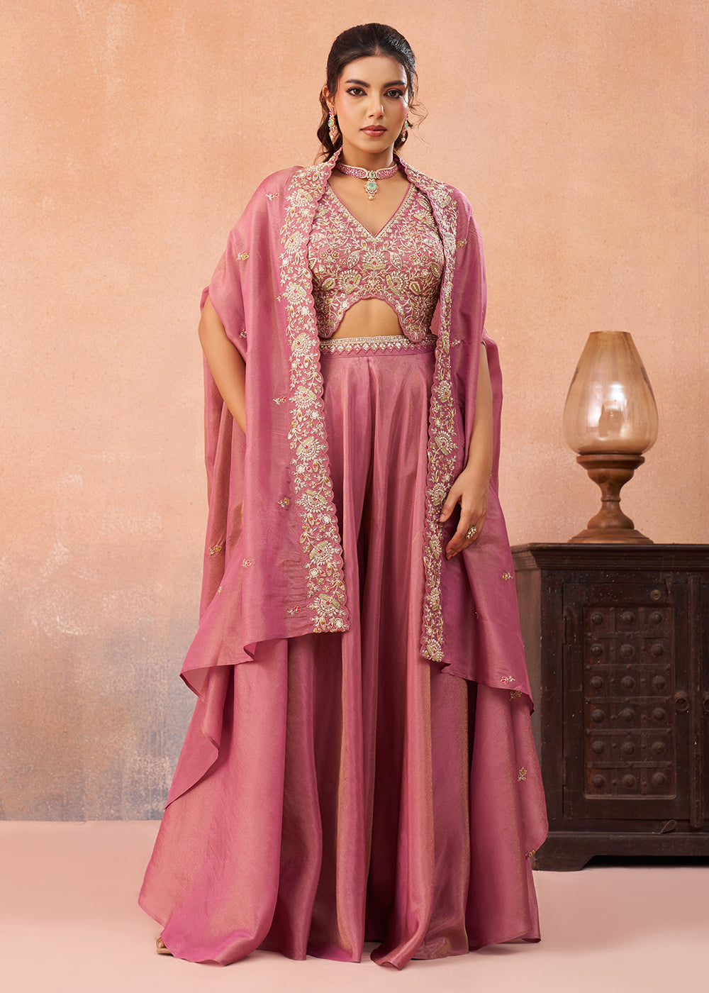 Buy Now Indo Western Pink Crepe Embroidered Set with Flared Cape Online in US, UK, Canada, Netherlands, Germany, Italy, France, Spain & Worldwide at Empress.
