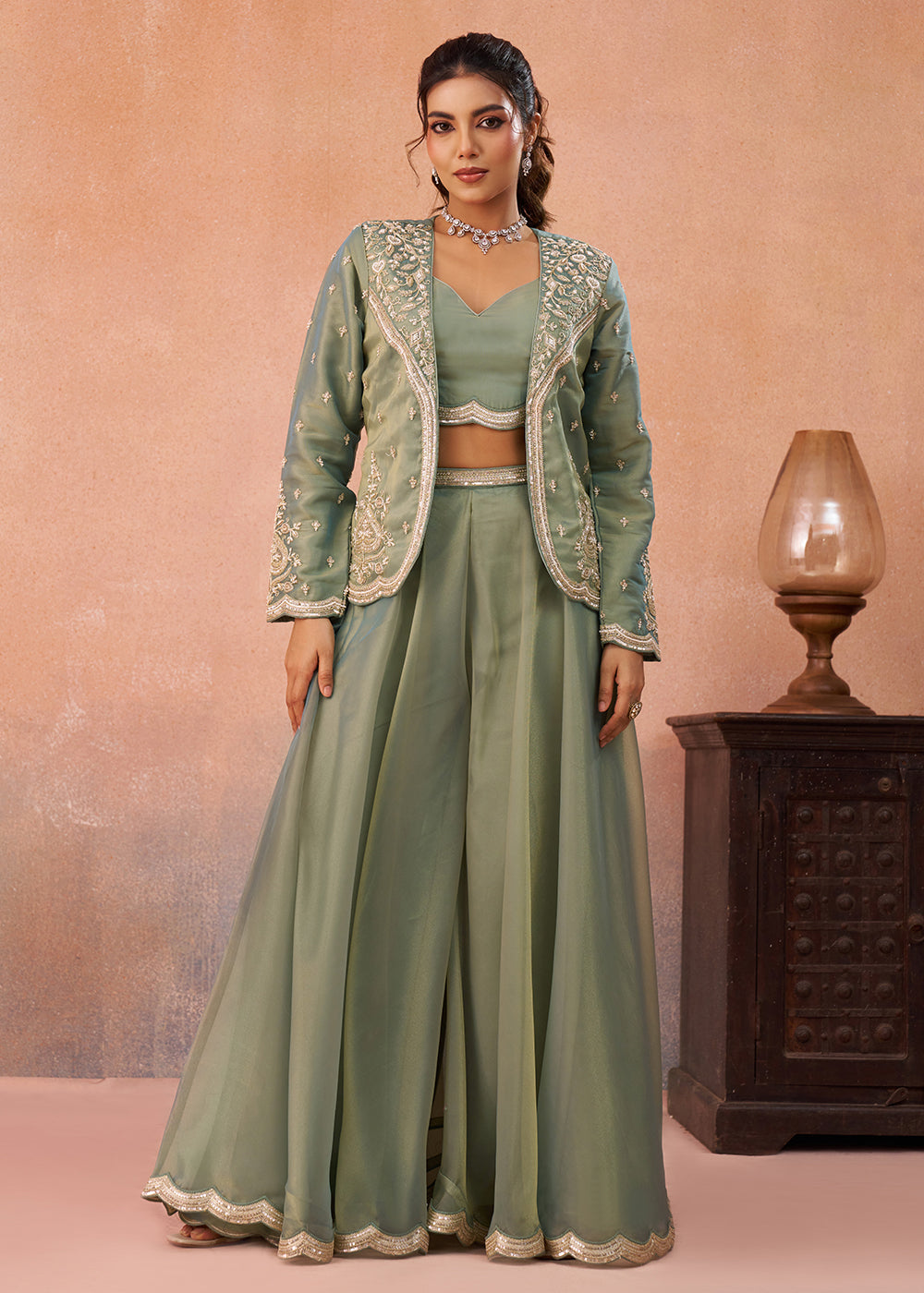 Buy Now Green Tissue Indo Western Crop Top with Embroiderd Jacket Online in US, UK, Canada, Netherlands, Germany, Italy, France, Spain & Worldwide at Empress.