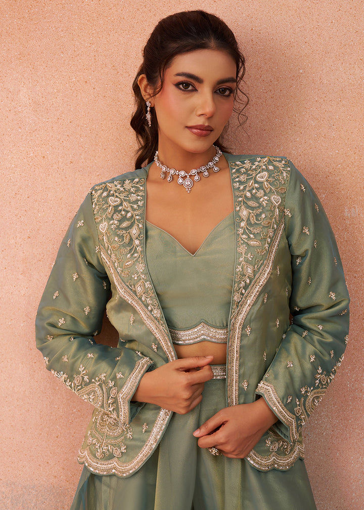 Buy Now Green Tissue Indo Western Crop Top with Embroiderd Jacket Online in US, UK, Canada, Netherlands, Germany, Italy, France, Spain & Worldwide at Empress.