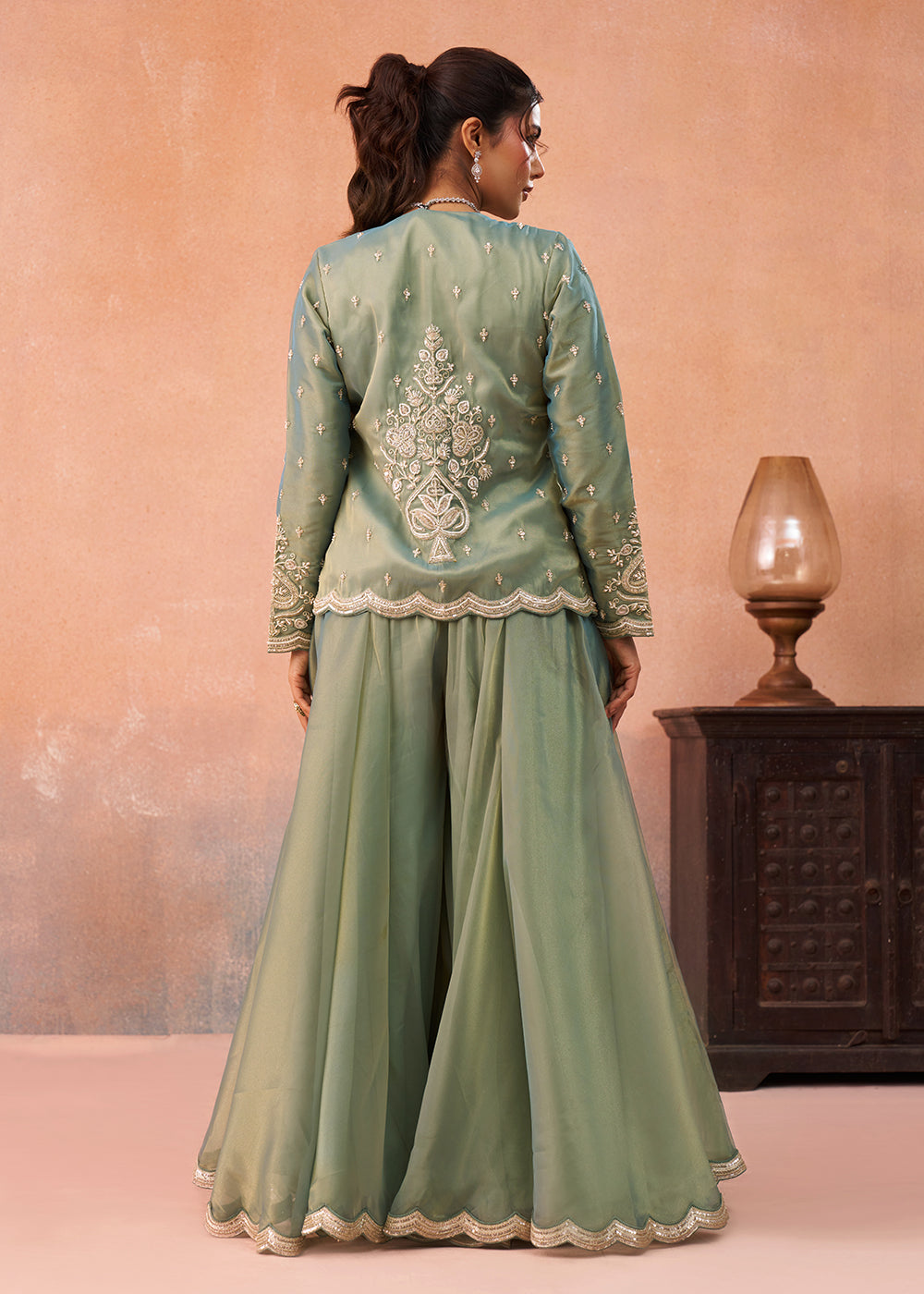 Buy Now Green Tissue Indo Western Crop Top with Embroiderd Jacket Online in US, UK, Canada, Netherlands, Germany, Italy, France, Spain & Worldwide at Empress.