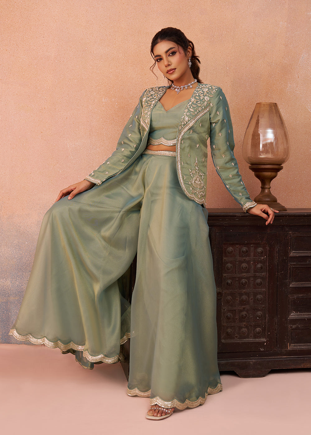 Buy Now Green Tissue Indo Western Crop Top with Embroiderd Jacket Online in US, UK, Canada, Netherlands, Germany, Italy, France, Spain & Worldwide at Empress.