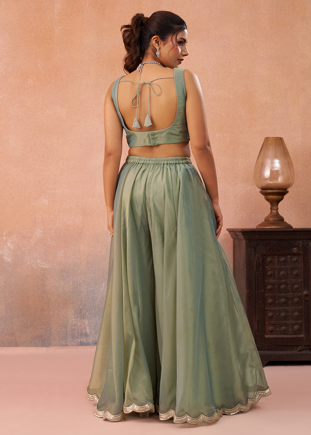 Buy Now Green Tissue Indo Western Crop Top with Embroiderd Jacket Online in US, UK, Canada, Netherlands, Germany, Italy, France, Spain & Worldwide at Empress.