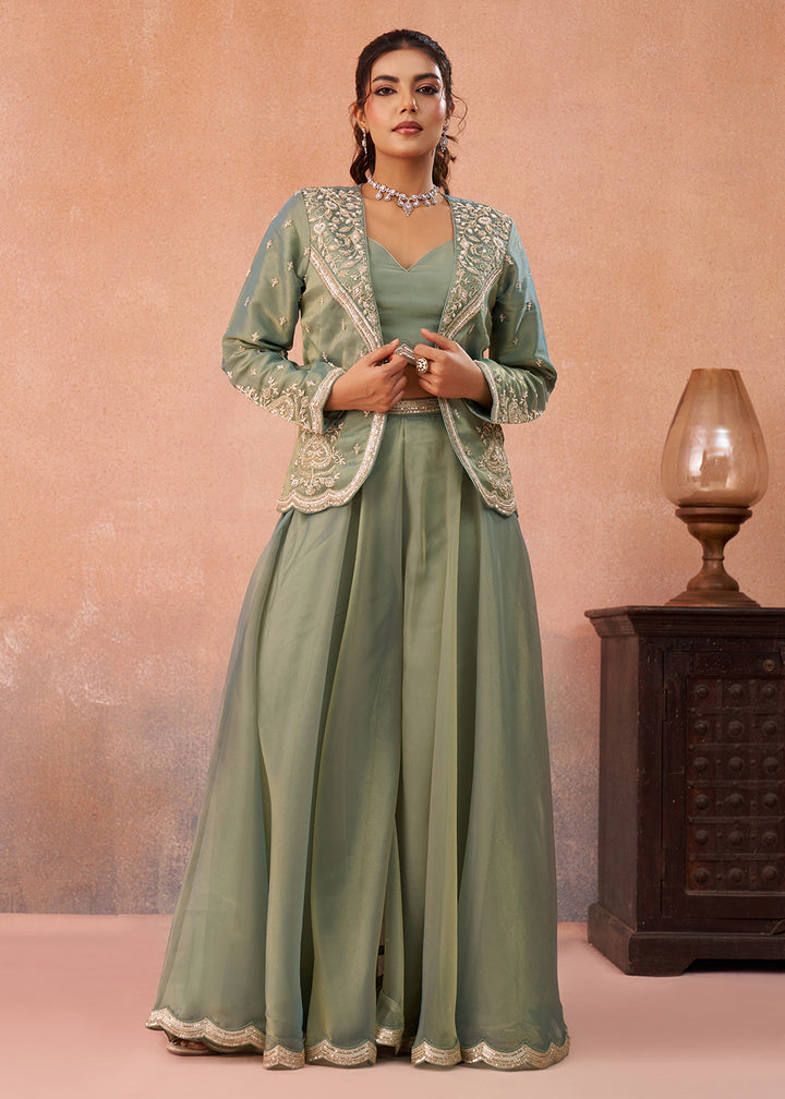 Buy Now Green Tissue Indo Western Crop Top with Embroiderd Jacket Online in US, UK, Canada, Netherlands, Germany, Italy, France, Spain & Worldwide at Empress.