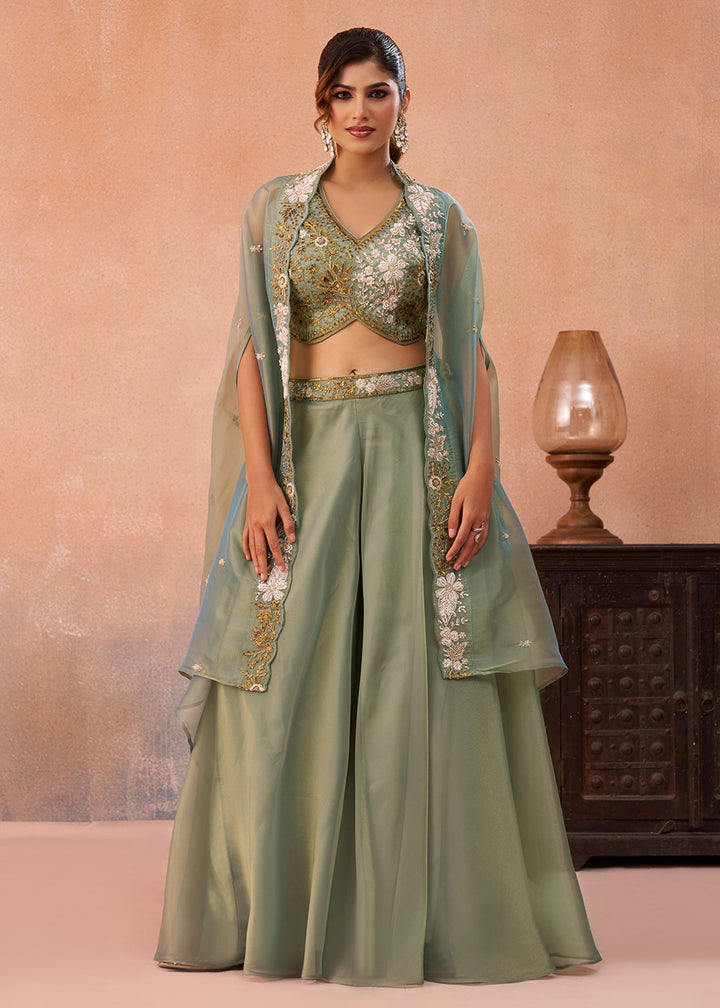 Buy Now Tissue Green Indo Western Crop Top with Flared Cape Online in US, UK, Canada, Netherlands, Germany, Italy, France, Spain, UAE & Worldwide at Empress.