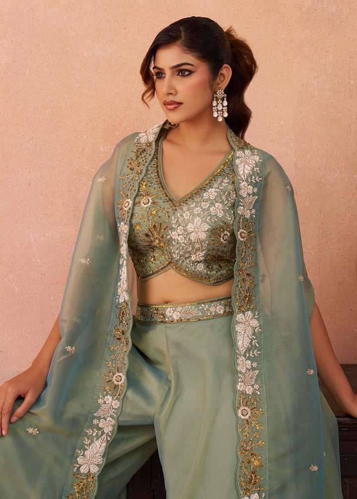 Buy Now Tissue Green Indo Western Crop Top with Flared Cape Online in US, UK, Canada, Netherlands, Germany, Italy, France, Spain, UAE & Worldwide at Empress.