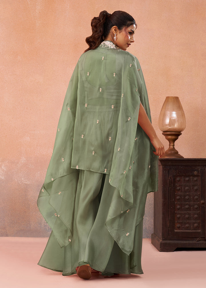 Buy Now Tissue Green Indo Western Crop Top with Flared Cape Online in US, UK, Canada, Netherlands, Germany, Italy, France, Spain, UAE & Worldwide at Empress.