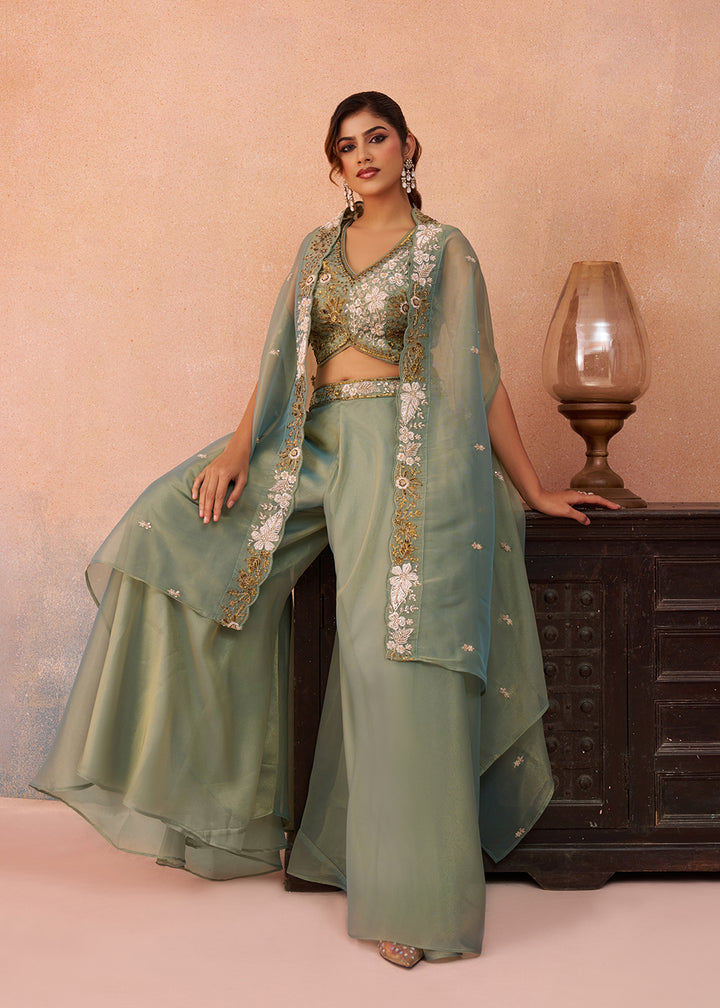 Buy Now Tissue Green Indo Western Crop Top with Flared Cape Online in US, UK, Canada, Netherlands, Germany, Italy, France, Spain, UAE & Worldwide at Empress.