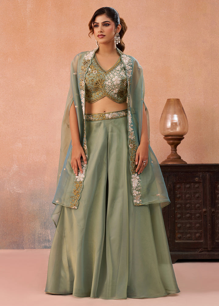 Buy Now Tissue Green Indo Western Crop Top with Flared Cape Online in US, UK, Canada, Netherlands, Germany, Italy, France, Spain, UAE & Worldwide at Empress.