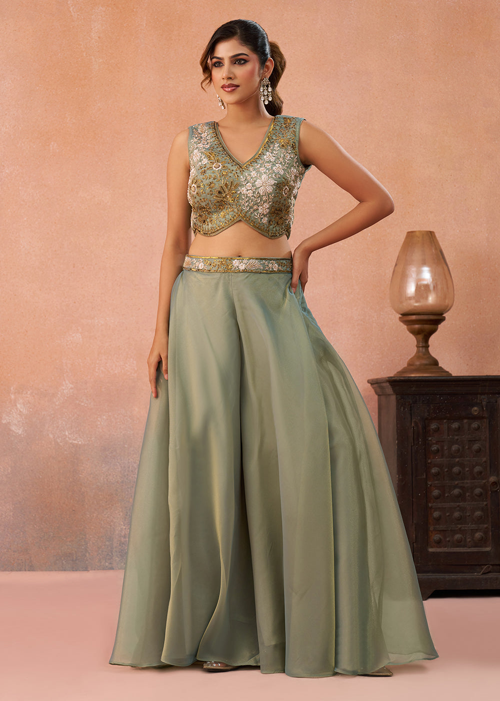 Buy Now Tissue Green Indo Western Crop Top with Flared Cape Online in US, UK, Canada, Netherlands, Germany, Italy, France, Spain, UAE & Worldwide at Empress.