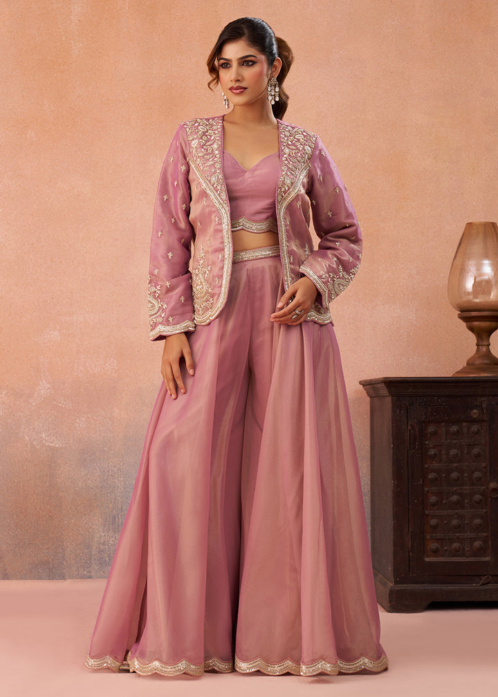 Buy Now Pink Tissue Indo Western Crop Top with Embroiderd Jacket Online in US, UK, Canada, Netherlands, Germany, Italy, France, Spain & Worldwide at Empress