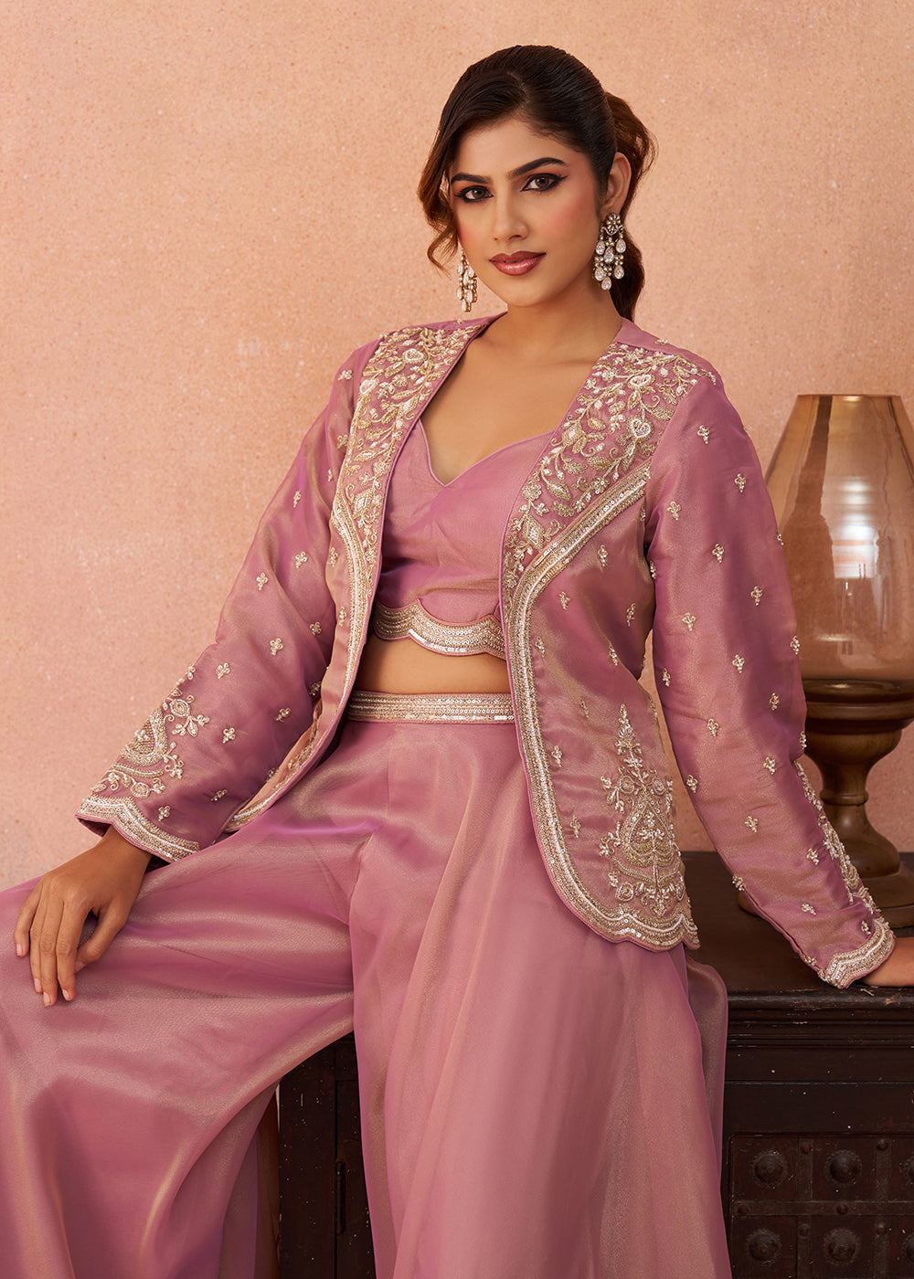 Buy Now Pink Tissue Indo Western Crop Top with Embroiderd Jacket Online in US, UK, Canada, Netherlands, Germany, Italy, France, Spain & Worldwide at Empress