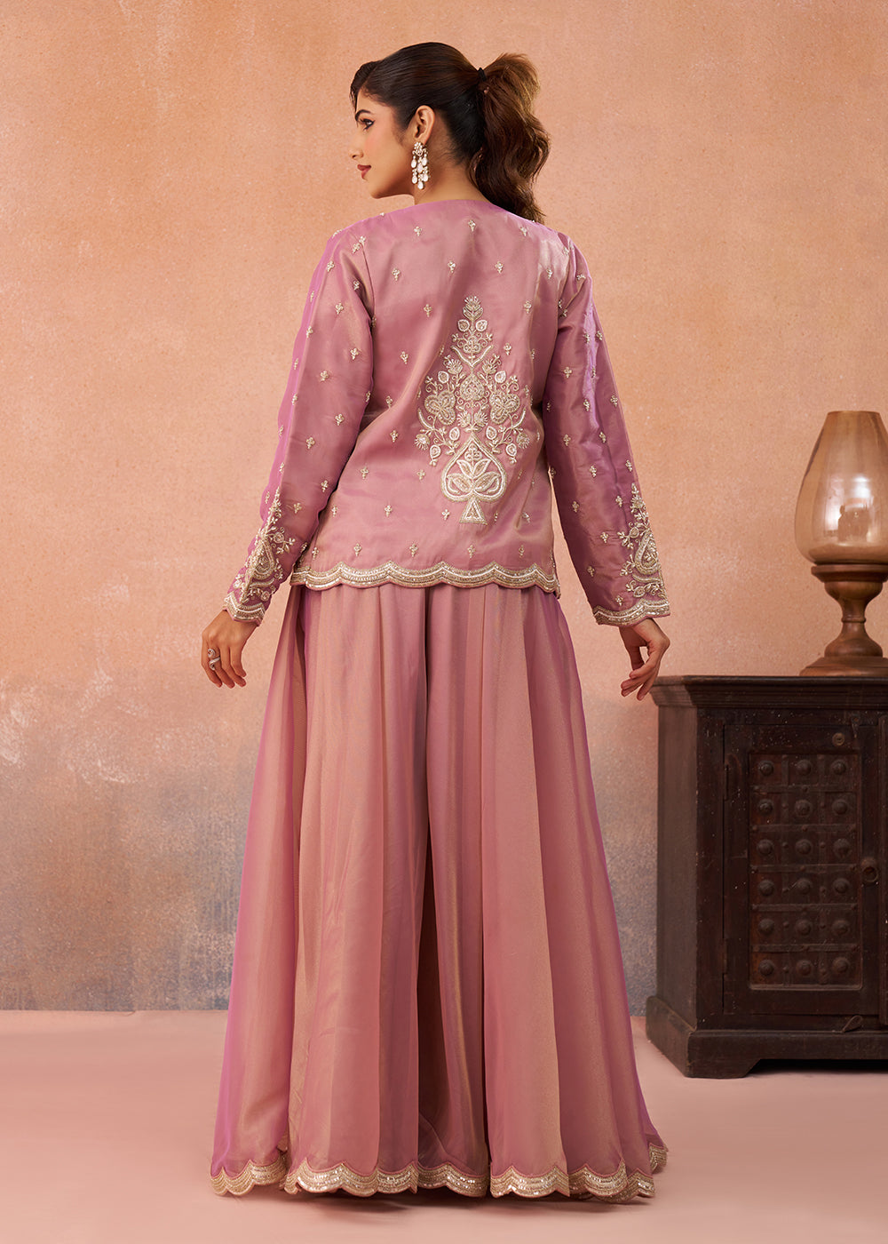 Buy Now Pink Tissue Indo Western Crop Top with Embroiderd Jacket Online in US, UK, Canada, Netherlands, Germany, Italy, France, Spain & Worldwide at Empress